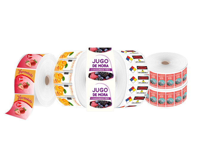 Rollos de etiquetas adhesivas impresas en flexografía a full color y en blanco de Syslabels, ideales para aplicaciones personalizadas y de alto volumen